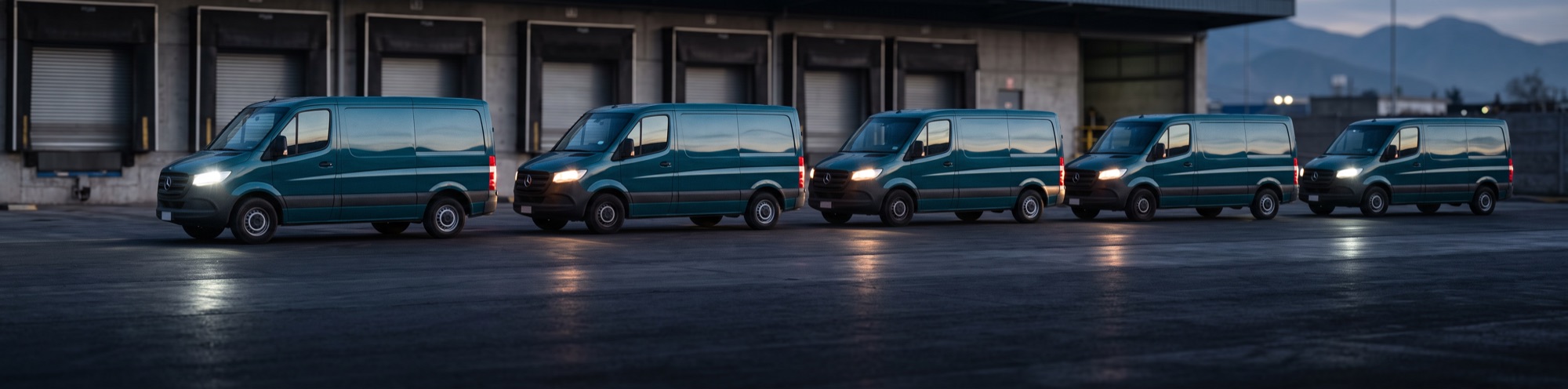 Fila de furgones de Llegó Farma saliendo a ruta desde un centro de distribución al amanecer